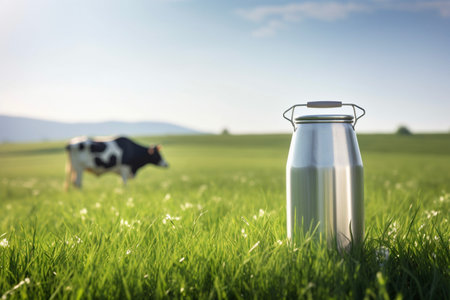 Milk can with milk stands on a green meadow. Milk and dairy, drink, food and meal. Dairy farm, animal husbandry and cattle breeding, animal and farmの素材