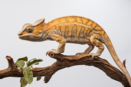 Chameleon crawling along a tree branch on a white backgroundの素材