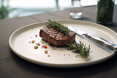 Steak, fork and knife, rosemary and garlic. Food and meal, meat, pork, beef, steakhouse and butchery shopの素材