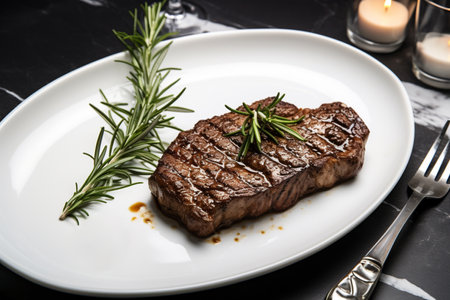 Steak, fork and knife, rosemary and garlic. Food and meal, meat, pork, beef, steakhouse and butchery shopの素材