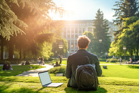 Student spends his free time on a green lawn near the university. AI-Generated imageの素材