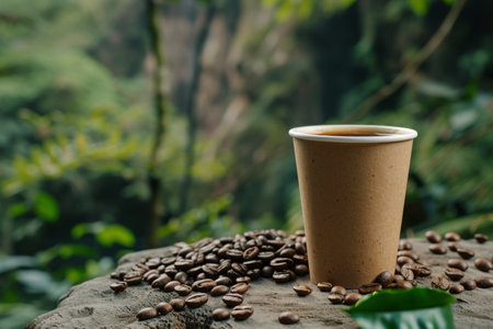 Coffee, paper coffee cup with beans against the backdrop of nature. Coffee house and cafe, plant, fruit, food, drink and drinkingの素材