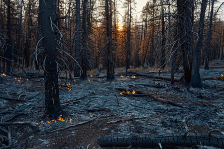 Fire in the forest, environmental protection. Bonfire or flame and burnt tree, nature and plantの素材