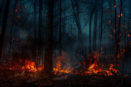 Fire in the forest, environmental protection. Bonfire or flame and burnt tree, nature and plantの素材