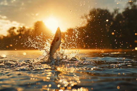 Fish jumps out of the water, fish and fishing. Animal, nature and wildlife, underwater life or underwater worldの素材