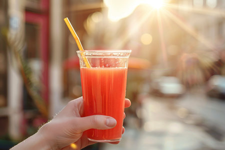 Hand holds a glass of freshly squeezed juice and a straw. Juice and drink, beverage, drinking, food and mealの素材