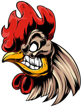 Head of rooster. Cock abstract character illustration. Graphic logo designs template for emblem. Image of portrait for company use.のイラスト素材