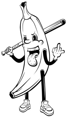 Angry banana holding baseball bat. Mascot hand drawn illustration.のイラスト素材