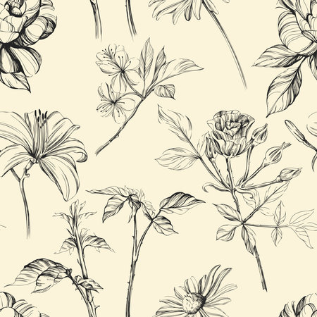 Hand drawn flowers pattern. Ink floral vintage illustration.のイラスト素材