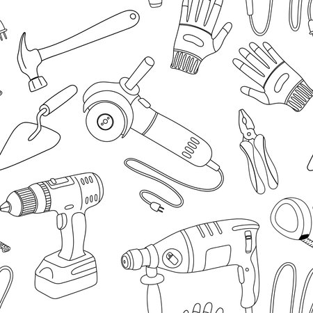 Seamless pattern with construction tools. Hand drawn vector illustration.のイラスト素材