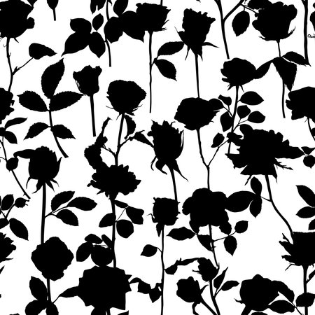 Seamless pattern with black silhouette of roses on white background. Hand drawn illustration.のイラスト素材