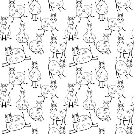 Black and white seamless pattern with cute cartoon animals. Hand drawn cow illustration.のイラスト素材