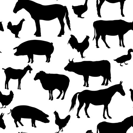 Farm animals silhouettes pattern. Collection of domestic cattle. Illustration isolated on white.のイラスト素材