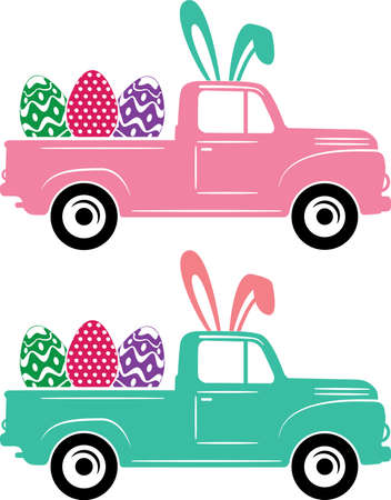 Easter Truck , Spring, Easter, Tulips Flower, Happy Easter Vector Illustration Fileのイラスト素材