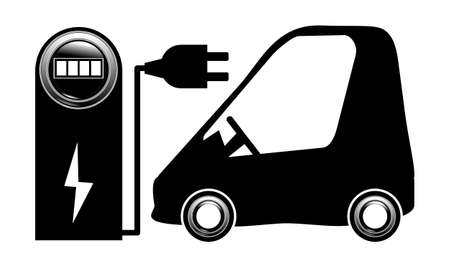 electric car near a charging station vector EPS 10 electrical plug black on white backgroundのイラスト素材