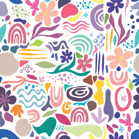 Playful abstract organic shape with rainbow,leaf,flower and foliageのイラスト素材