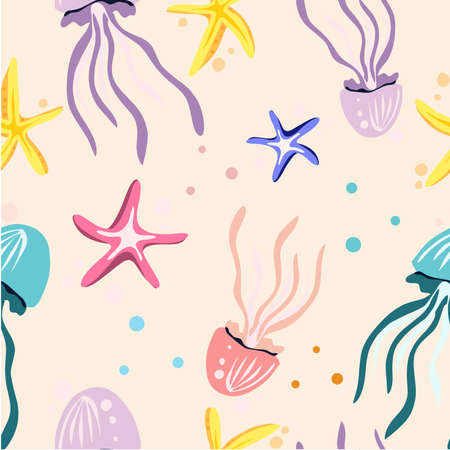 Star and jelly fish vector seamless pattern perfect for fabric, wallpaper, stationery, wrapping paper and many more.のイラスト素材