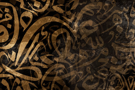 Arabic calligraphy wallpaper on a wall with brown background and old paper interlacing Arabic lettersの素材