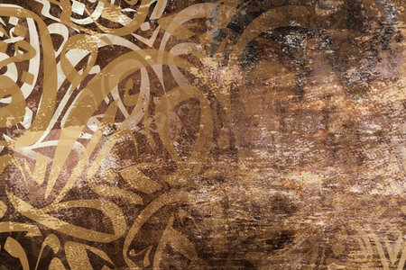 Arabic calligraphy wallpaper on a wall with brown background and old paper interlacing Arabic lettersの素材