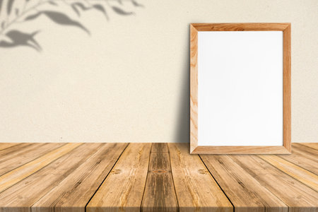 Blank wood frame on tropical wood floor and wood wall,template mock up for adding your contentの写真素材