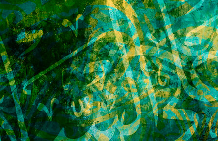 Arabic calligraphy wallpaper on a back wall, mixed greens and interlaced old paper. Translating "Arabic letters"の素材