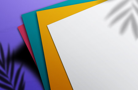 paper logo mockup. Square paper mockup with realistic shadows overlaying paper in different colors. Tropical plant shade. Template flyer poster blank social media post banner template in modern styleの写真素材