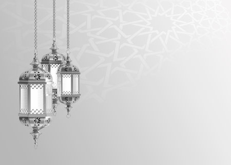 Ramadan Kareem. Islamic greeting template with ramadan for wallpaper design. Poster, media banner . Silver lamp and a crescent on a grayの写真素材