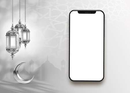 A phone with a white screen and a crescent moon on the top islamic ramadan greeting background .smartphone  mockupの写真素材