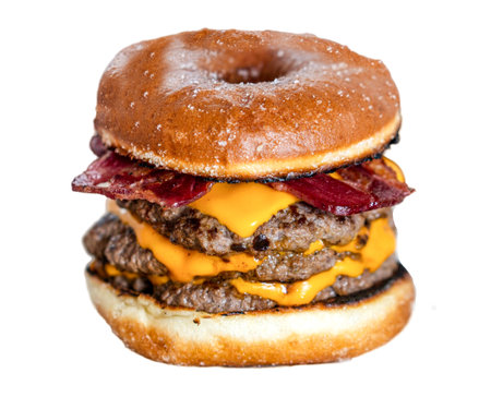 Wagyu and bacon cheese burger .Classic cheeseburger with beef patty, pickles. cheese, tomato.onion. lettuce and ketchup mustard isolated on white background. fresh tasty burgerの写真素材