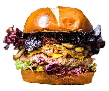 fresh tasty hamburger Classic cheeseburger with beef patty, pickles. cheese, tomato.onion. lettuce and ketchup mustard isolated on white backgroundの写真素材