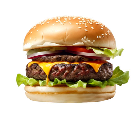 fresh tasty hamburger Classic cheeseburger with beef patty, pickles. cheese, tomato.onion. lettuce and ketchup mustard isolated on white backgroundの写真素材