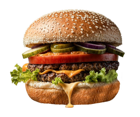 fresh tasty hamburger Classic cheeseburger with beef patty, pickles. cheese, tomato.onion. lettuce and ketchup mustard isolated on white backgroundの写真素材