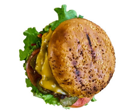 fresh tasty hamburger Classic cheeseburger with beef patty, pickles. cheese, tomato.onion. lettuce and ketchup mustard isolated on white backgroundの写真素材