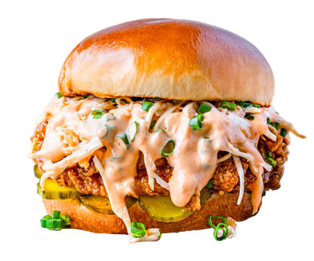 Chicken burger, delicious double burger with crispy chicken meat, salad and sauce isolated on white background .white burger with a big chicken grilled cutlet, with lettuce, juicyの写真素材