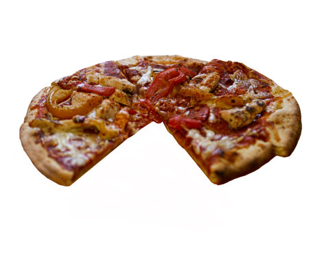 Fresh homemade Italian Margherita pizza with buffalo mozzarella and basil. Slices of pepperoni pizza On a white background, the traditional traditional queen. Pizza with mozzarellaの写真素材