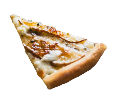 One slice of pepperoni pizza on a white background. Pizza with mozzarella, tomato sauceの写真素材