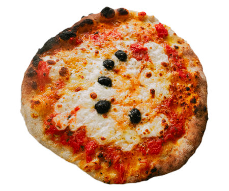 Fresh homemade Italian Margherita pizza with buffalo mozzarella and basil. Top view On a white background. Pizza with mozzarella cheese, tomato sauce, spinach on thick dough.の写真素材