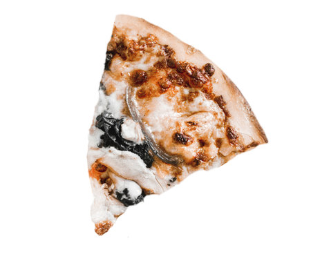 One slice of pepperoni pizza on a white background. Pizza with mozzarella, tomato sauce, spinach on a thick dough.の写真素材