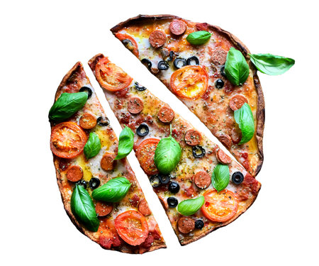 spicy devilled chicken pizza, freshly made pizza mixed with grilled vegetables, olives and double layers of mozzarella cheese, taken straight from above without shadowsの写真素材