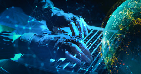 young engineer building a network system. Thinking at computer for virus, overlay and futuristic at desk.の写真素材