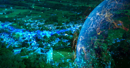 Digital technology, internet global network technology concept. computer data exchange, e-commerce .Dynamic digital world map Connect to a global network powered by artificialの写真素材