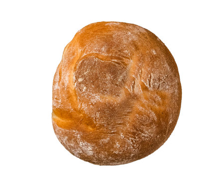 Whole round loaf of freshly baked rye wheat bread isolated close up on white background . Fresh...