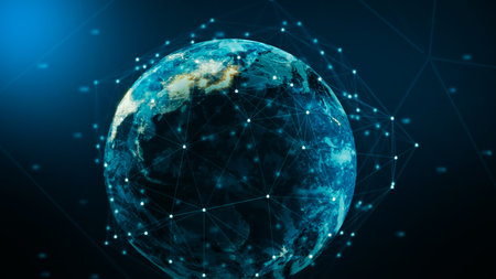 Communication technology for internet business. Global world network and telecommunication on earth and IoT. Dynamic digital world map Connect to a global network poweredの写真素材