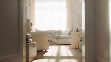 Light living room with comfortable sofa, coffee table and chest of drawers .Interior of light living room with sofa on table . Interior design of elegant living room, chest of drawの写真素材