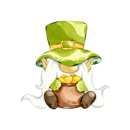 St Patricks day leprechaun. Watercolor gnome with pot of gold. Hand drawn illustration of leprechaun isolated on white.の写真素材