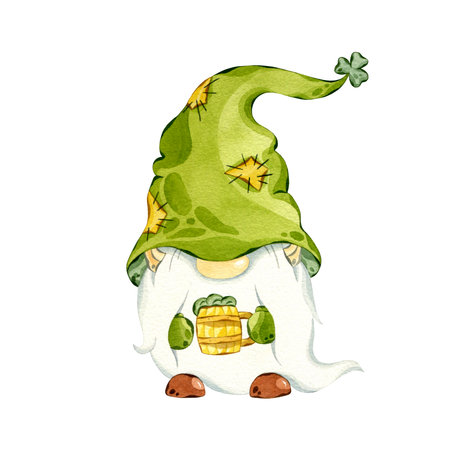 St Patricks day leprechaun. Watercolor gnome with mug of beer. Hand drawn illustration of leprechaun with hat isolated on white.の写真素材