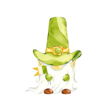 St Patricks day leprechaun. Watercolor gnome with three color flag. Hand drawn illustration of leprechaun isolated on white.の写真素材