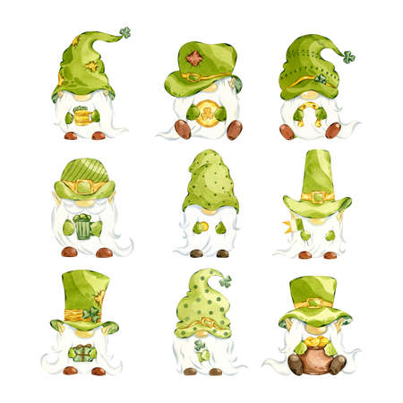 St Patricks day leprechauns set. Watercolor gnomes clipart. Hand drawn illustration of leprechaun isolated on white background.の写真素材