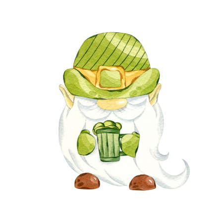 St Patricks day leprechaun. Watercolor gnome with glass of beer. Hand drawn illustration of leprechaun isolated on white.の写真素材