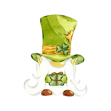 St Patricks day leprechaun with gift box. Watercolor gnome with gift box. Hand drawn illustration of leprechaun isolated on white.の写真素材